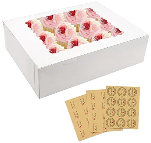 PHULWEL 15 Stück Cupcake Box, Weißer Muffin Transportbox Karton mit großem Sichtfenster, Einlage Patisserieschachteln Biologisch Abbaubar mit 3 Bögen Aufkleber(12er)