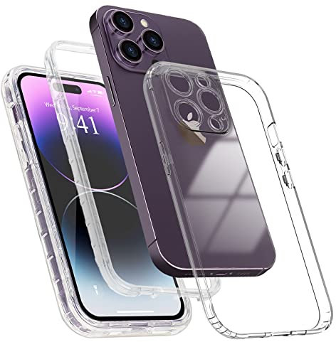 LCHULLE for iPhone 14 Pro Case 360 Shockproof Crystal Clear Screen Protector Cover Silicone Glossy Bumper Front and Back Full Body Drop Proof Anti Yellow Protective Case,Transparent