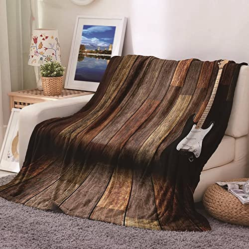 Wohndecke Fleece, Kuscheldecke Weiß Flanell Braun Holzgitarre Flanelldecke Blanket 130x150CM Weich Kuschelig Warm Sofa Bett Geschenk