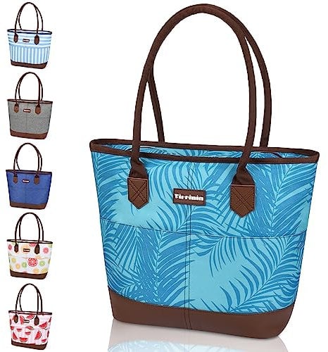 Kato Tirrinia Faltbar Kühltasche Groß mit Wasserdichte Isolierte 20L, Gross Einkaufstasche Isoliertasche Tote Tasche mit Reißverschluss, Ideale Thermotasche Picknicktasche Lunchtasche, Blaues Blatt