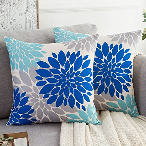 Kissenbezug 50x50cm Blumen Kissenhüllen Blau Hellblau und Grau Leinen Kissen Sofakissen Bezug Sommer Herbst Floral Modern Dekorativer Dekokissen Couchkissen für Auto Sofa Bank Wohnzimmer