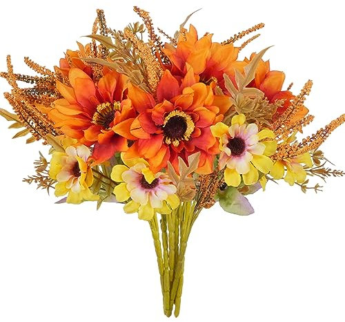 HO2NLE Künstliche Herbstblumen, Seiden-Sonnenblumen, Blumenstrauß, Dahlie, Herbstblumen, Arrangements für Dekoration, Sonnenblumen, Tafelaufsätze für Tische, Zuhause, Küche, Erntedankfest, 6 Bündel