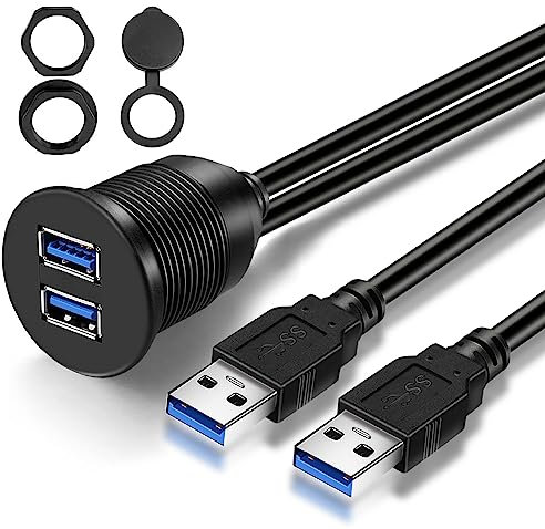 GOBGOD Double Port USB 3.0 Car Mount Flush Cable, USB 3.0 Male to Female Car Mount Extension Cable for Car Motorcycle Boat Dashboard Panel 1ft