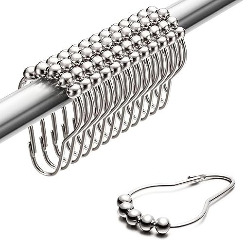 Thgtao Shower Curtain Hooks Set of 24 Duschvorhang Ringe Metal Stainless Steel Hanging Curtain Rings Shower with Ball Gliding System for Shower Curtain Rail (Silver)