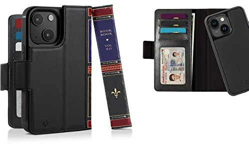 Twelve South BookBook für iPhone 15 | MagSafe kompatible Echtleder-Schutzhülle mit Display-Ständer + abnehmbare eigenständige Leder-Akzent-Hülle, Schwarz