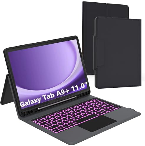 für Samsung Galaxy Tab A9+ Plus Hülle mit Tastatur: 11 Zoll Galaxy Tab A9plus 2023 Deutsches QWERTZ-Layout Tastatur mit Touchpad | 7-Farbige Beleuchtung Kabellose Tastaturen Schutzhülle mit Pen Halter