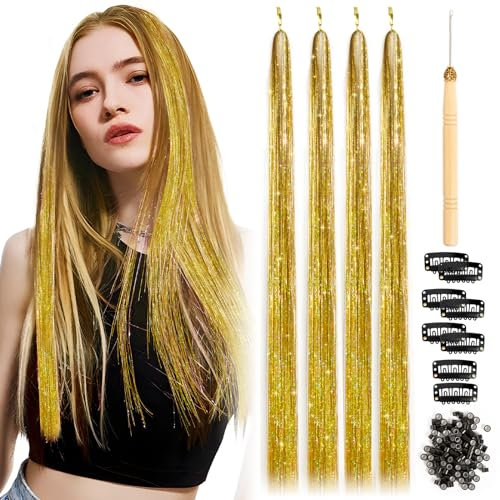 BETESSIN 800 Glitzer Haarsträhnen Haar Lametta Gold 120cm Haarverlängerungen Hair Tinsel Haarlammetta Clip On Hair Extension Karneval Fasching Geburtstag Partyzubehör