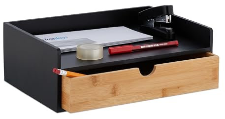 Relaxdays Schreibtisch Organizer, 1 Schublade, DIN A4 Ablage, Bambus, HBT: 11 x 32 x 22 cm, Büroorganizer, schwarz/Natur