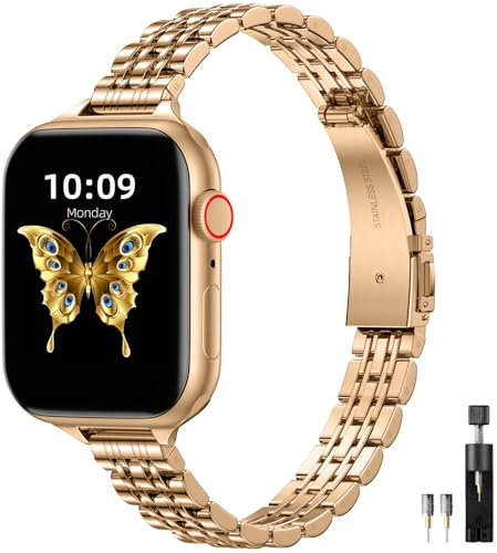 Maledan Metallo Cinturini Compatibile con Cinturino Apple Watch 40mm 41mm 38mm Donna Uomo, Cinturino Regolabile in Acciaio Inossidabile per iWatch Series 9 8 7 6 5 4 3 2 1 SE 2/1 Ultra 2/1, Oro Rosa