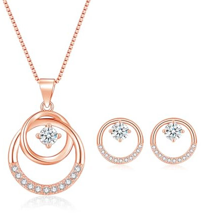Cangall Schmuckset Silber 925 Damen, 925 Sterling Silber Halskette & Ohrstecker Set, Rose Gold Kreis Schmuckset für Frauen Mädchen, Rose Gold Schmuck Set Liebesgeschenk zum Geburtstag Muttertag