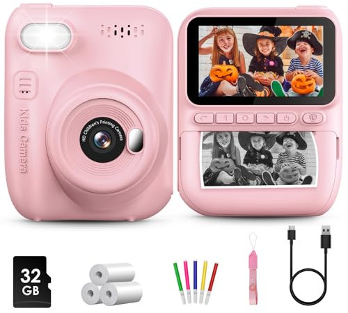 Kids Camera Instant Print,3.0'' Screen Camera for Kids with 32G Card & Print Paper,Kids Digital Camera Toys Gift for Toddler Childrens Boys Girls Age 3-10 Years Old (Pink)