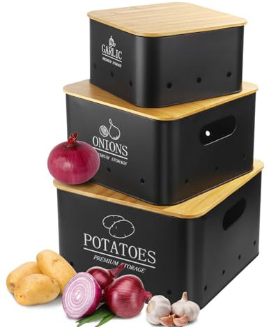 Otauoaea Lot de 3 boîtes de rangement pour pommes de terre, oignons et ail avec couvercle en bambou - Garde les légumes frais plus longtemps