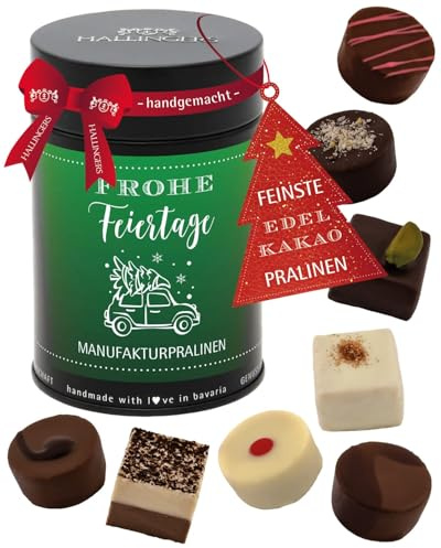 Hallingers Genuss Manufaktur Pralinen Weihnachts-Geschenk - ohne Alkohol, handmade aus Confiserie-Edelkakao in wertiger Geschenkdose Frohe Feiertage, Weihnachten für Frauen Männer