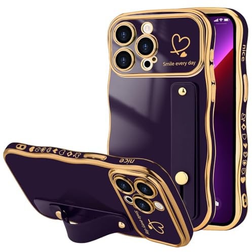 LLZ.COQUE for iPhone 13 Pro Max Case, Luxury Plating Love-Heart Wave Frame Shape Design, Adjustable Hand Strap Stand Cover, Shockproof Bumper Girls Women Phone Case for iPhone 13 Pro Max, Dark Purple