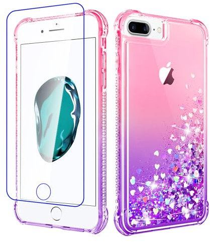 Pilaru Lovely Glitter Case for iPhone 8 Plus/7 Plus, iPhone 6s Plus/6 Plus Clear Liquid Heart Glitter Soft TPU Cover Transparent Girly Protective Phone Case for iPhone 8 Plus,Pink/Purple