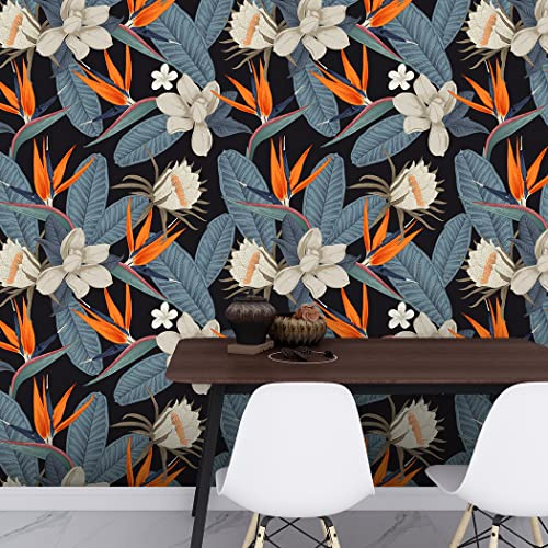 Wallpaper Blue Orange Tropical Peel and Stick Wallpaper Self Adhesive Wallpaper Removable Wallpaper for Bedroom Wall Cabinets Decor Worktop Vinyl Covering Sticky Back Wallpaper 2P (45x300cm)