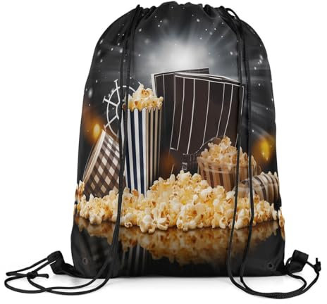 Homewish Popcorn Kordelzug Rucksack,Film Zeit Kordelzug Taschen Reversibel, Spiegel Schwarz Und Weiß Streifen Theater Draw String Back Tasche Für Die Ganze Saison, Vintage Glitter Film String Rucksack