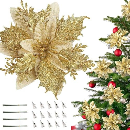 AONAT 12 Pcs Christmas Glitter Poinsettia Flowers Glitter Artificial Xmas Flowers Wedding Christmas Glitter Poinsettia Artificial Flower Christmas Tree New Year Wedding Party Decoration(Gold)