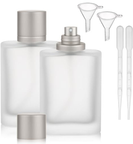 2 botellas de perfume vacías de 100 ml, frasco de perfume para rellenar, atomizador de perfume mate, rellenable con goteros, embudos, botellas de cristal para viajes, fiestas (gris)
