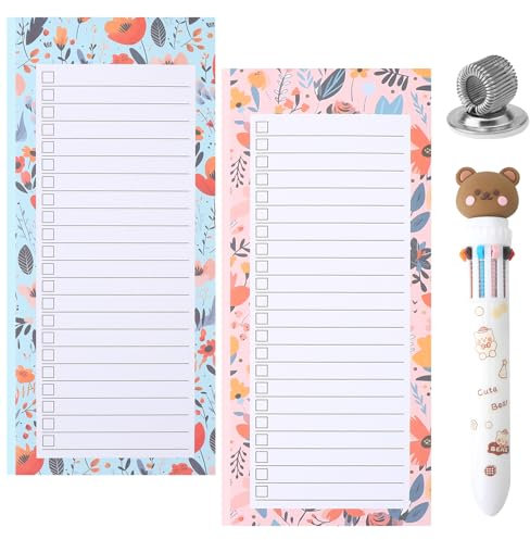 DAWRIS 2 Pack Magnetic Shopping List Pad for Fridge, Floral Magnetic Notepad Grocery List, 50 Pages Tear Off Sheets Magnetic List Pads Fridge To Do List Pad for Refrigerator with Pen and Pen Holder