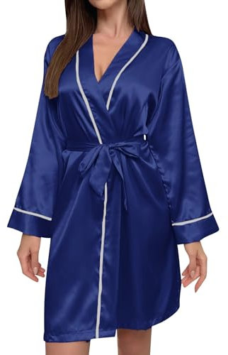 TDEOK Women's Satin Dressing Gown Lightweight Satin Kimono Silk Robes House Coat Long Sleeve V-Neck Sleepwear with Belt Plain Leisure Suit Sauna Gown Sleepwear Knee-Length Lounge Coat, navy, XL