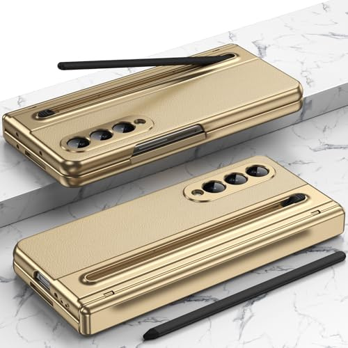 BaiFu Étui Samsung Galaxy Z Fold4 en Cuir avec Protection de Charnière + Protecteur d'écran, Étui de Téléphone en Polycarbonate et Polyuréthane pour Samsung Galaxy Z Fold4 avec Support S Pen - Or