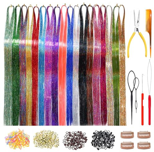 HandWig Tinsel Hair Tools Kit, 18 Colors, 4500 Strands, 47 Inches, Heat Resistant,Colorful Glitter Hair Tinsel Extensions for Women Kids Girls (Boxed)