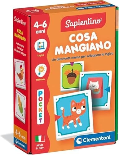 Clementoni Sapientino – was Essen sie? Lernspiel für Kinder 4-6 Jahre mit Flashcards Memory zur Verbindung von Tieren und Lebensmitteln, REGT die Logik an, hergestellt in Italien, italienische