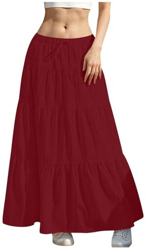 KUIH Long Skirts for Women Elastic High Waist Maxi Skirts Plain Loose Casual A Line Skirt Ladies Tiered Flowy Summer Skirt with Drawsting S-XXL Wine