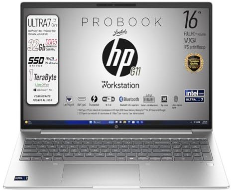 HP Notebook Portatile G11, Intel Core Ultra 7 155U, 12Core, SSD Pci 1Tb, Display IPS WUXGA 16, 32 Gb DDR5 5600MHz, Wi-Fi6, Thunderbolt, lan, fingerprint,Tastiera Retroilluminata, Win 11Pro