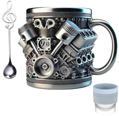Sherum V-MAXX Becher mit V8 & V6 Design – 3D Edelstahl Kaffeebecher, doppelwandig isoliert, inkl. Silikon-Eiswürfelform & Löffel, Geschenk für Auto-Fans (V8)