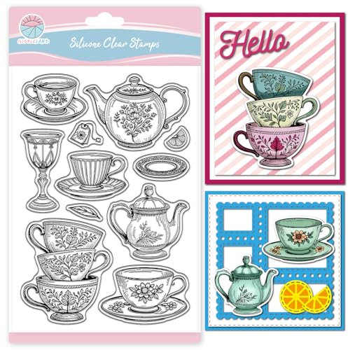 GLOBLELAND Teetasse Teekanne Transparente Stempel für Scrapbooking Blumen Klare Stamps Vintage Geschirr Silikonstempel Für Kartengestaltung DIY Prägung Journaling