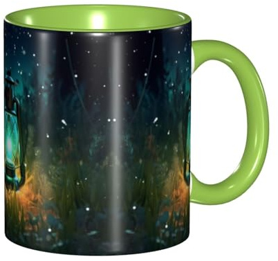 DZBDWZXH Tazas de café de cerámica verde de 11 onzas, (luciérnagas y linterna), taza de café de restaurante con impresión para café, capuchino, té, cacao, cereales