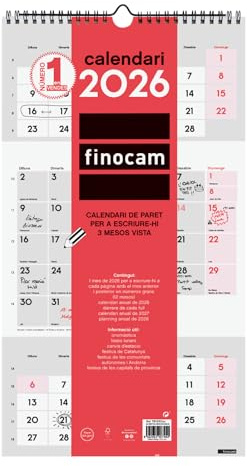 Finocam - Wandkalender 2026, 3 Monate Ansicht Januar - Dezember (12 Monate) | Kalender 2026 zum Notieren | Neutraler Monatsplaner - Katalanisch