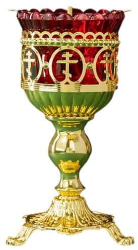 RZRHMUHN Orthodoxe Wachlampe, Vergoldetes Metall-Leuchter mit Rotem Glas, Kreuzmotive für Kirche, Hausheiligtum und Religiöse Andacht (18CM)