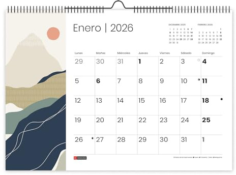 Miquelrius Wandkalender 2026, Jahresplaner, A3, 420 x 296 mm, mit Notizfeld, Doppelspiralbindung, 12-Monatsplaner, Spanisch, Berge