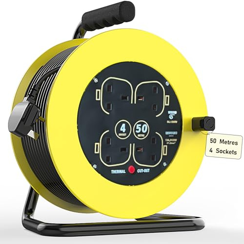 Extension Lead Outdoor, 50 Metres & 4 Socket Garden Extension Cable Heavy Duty Cable Reels with Winding Handle, 13A Fused UK Plug