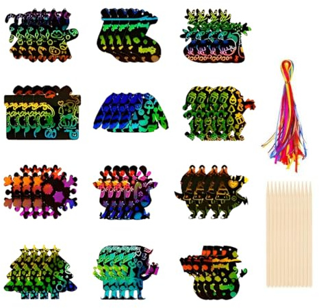 OIXYEY 48 Stück Silvester Kratzbilder Glücksbringer Set, Happy New Year Kratzpapier mit Weihnachtselemente, Neujahrsglücksbringer Bastelset für Kinder, Silvester Deko 2026 Geschenk