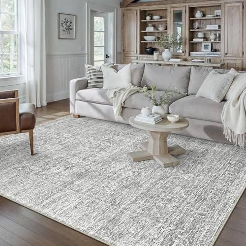 PureCozy Vintage Teppich Wohnzimmer 160x230cm Grau Waschbar Groß Teppiche | Retro Teppich,Waschbar,Rutschfest,Weich Kurzflor,für Schlafzimmer,Esszimmer,Büro Rug