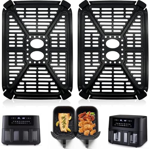 HOHOVYVY Airfryer Grillplatte Aus Edelstahl Mit Antihaftbeschichtung Öltrenner Und Griff Spülmaschinenfest Kompatibel Mit Doppelkorb Heißluftfritteuse 9,25x6,69 Zoll (2pcs)