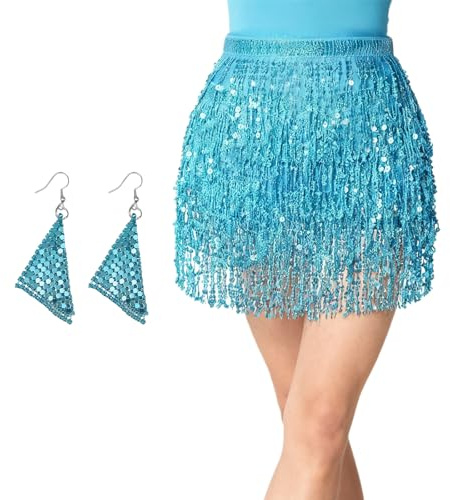 GYIOFAI Blauer Rock mit Ohrringen Blauer Pailletten Rock Damen für Karneval Kostüm Damen Party