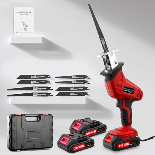 Viugreum Säbelsäge, 21V säbelsäge akku, 4000 RPM Bürstenloser Motor Akku Universalsäge, Säbelsägen mit LED Licht, 8 Sägeblätter, 2 Batterien, Fuchsschwanz Säge Elektrisch für Baustelle Garten