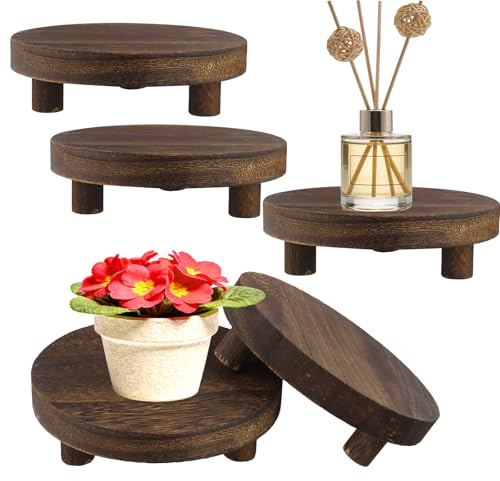 YUENPUN 5 Pcs Wooden Display Stand 6 Inch, Round Wood Pedestal Riser, Rustic Style Wood Base for Kitchen Decor, Bathroom Counter, Plant Stand, Home Decoration Accessories