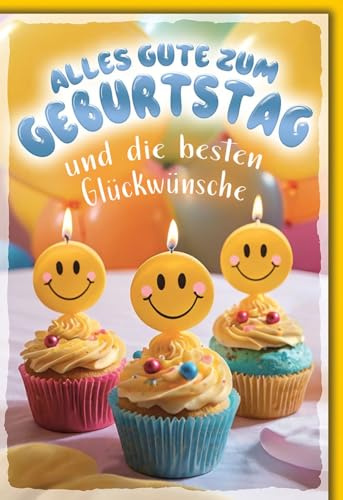 Geburtstagskarte Fröhlich - Smiley-Kerzen auf Cupcakes mit buntem Ballonhintergrund - Klappkarte mit Umschlag Glückwunschkarte Geburtstag