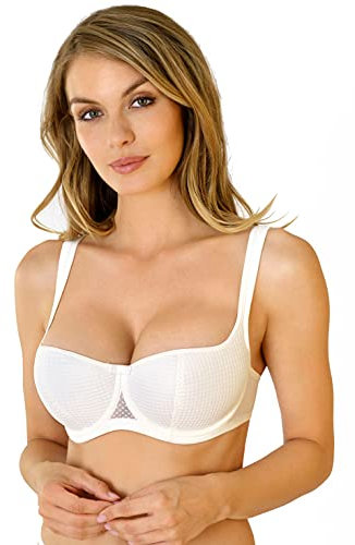 Rosme Women's Balconette Bra with Push Up Effect – Plus Size Sexy Lace Demi Half Cup Bra – Lightly Padded Underwired Low Cut Mesh Design Kamila, Ivory, Size 38D