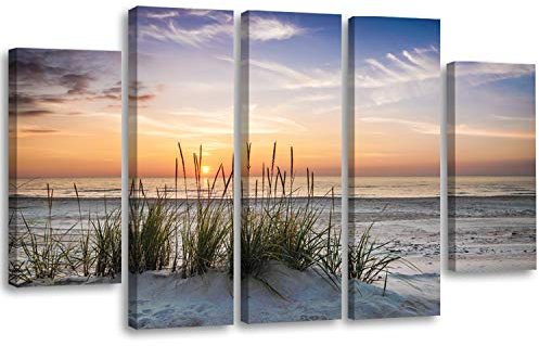 Feeby. Leinwandbild - 5 Teile - Bilder, Wand Bild, Wandbilder, Kunstdruck XXL, 5-Teilig, Typ B, 200x100 cm, LANDSCHAFT, GRASS, STRAND, WASSER, MEER, SAND, HIMMEL