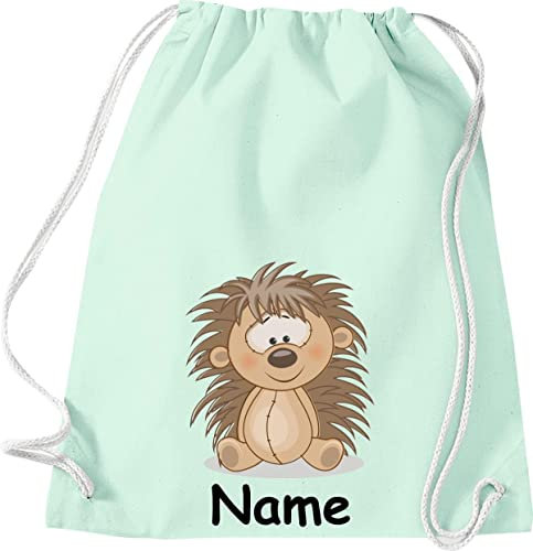 ShirtInStyle Gym Sack Kinder Turnbeutel Tiere Igel mit Wunschnamen, Beutel Tasche Hort Kita, Farbe pastellmint