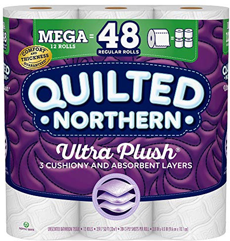 Papier toilette matelassé Northern ultra peluche, 12 rouleaux de 12 = 48 rouleaux ordinaires, 3 plis