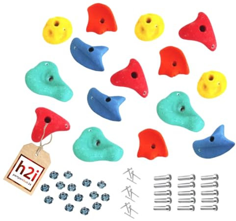 h2i Klettergriffe Kinder & Erwachsene | Klettersteine inkl. Befestigungsmaterial | Bunte Bouldergriffe für Spielturm & Kletterwand | Kletterwand Griffe für Indoor & Outdoor | 15 Stück (groß)