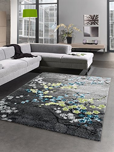 CARPETIA Designer Teppich Kurzflor Wohnzimmerteppich Blumen grau türkis blau Größe 160x230 cm
